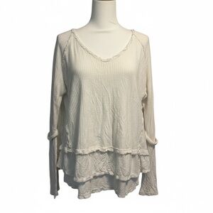 We The Free White Waffle Knit Long Sleeve Vneck High Low Ruffle